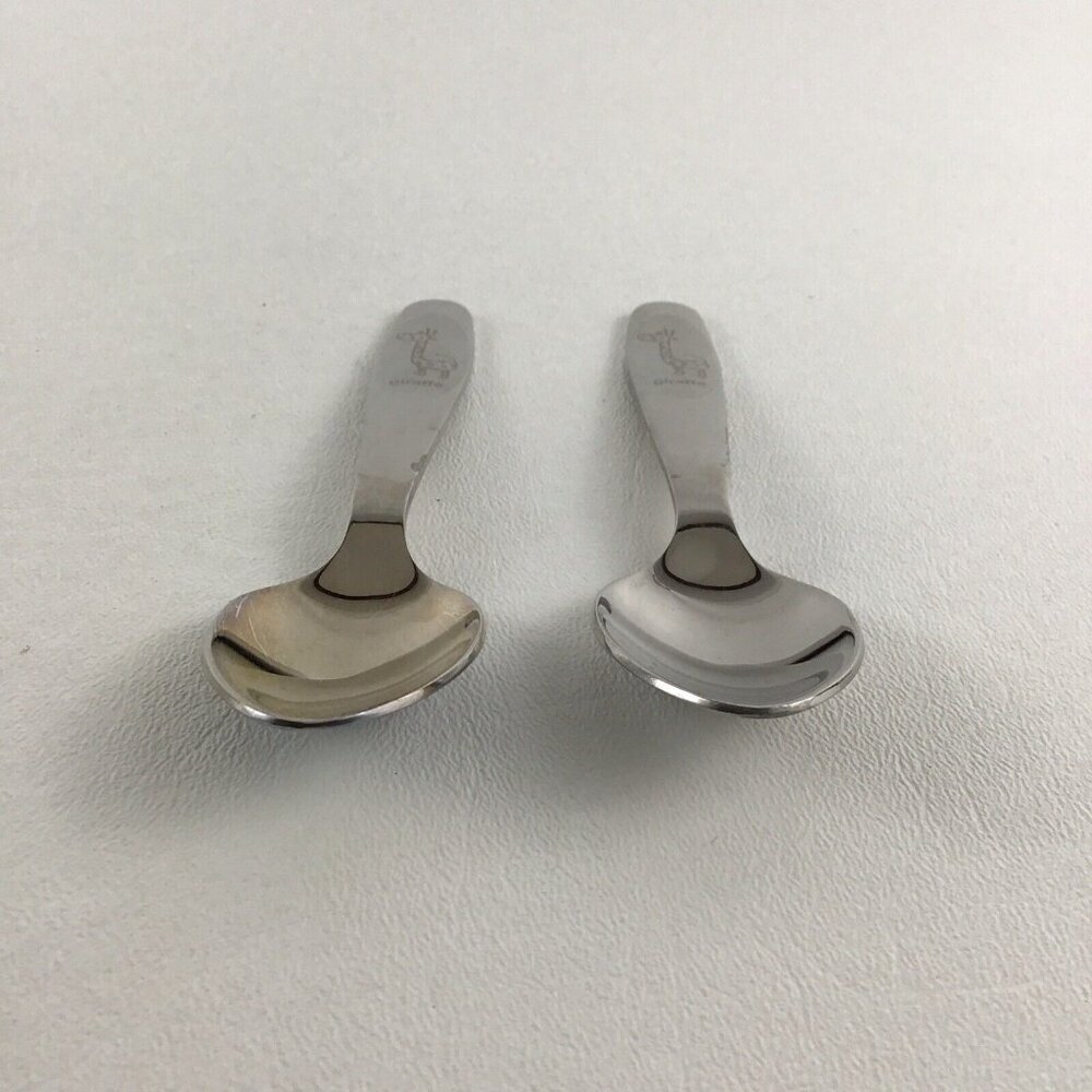 2 Baby Toddler Child Feeding Spoon Set Giraffe Silver Pair Lot - Picture 2 of 7